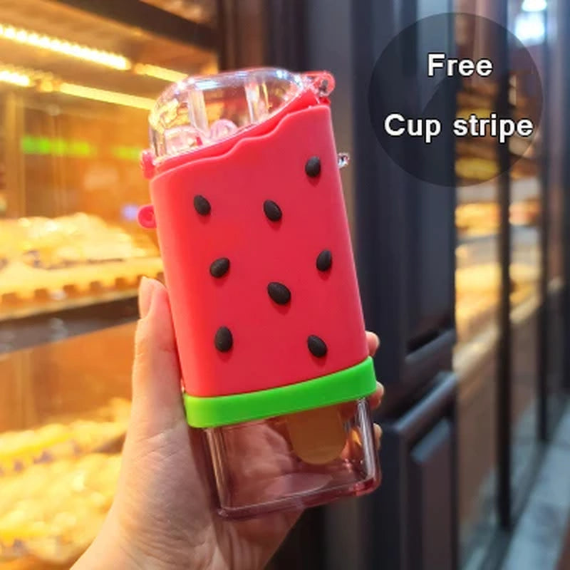Cute Ice Cream Plastic Water Bottle with Straw Strap Popsicle Water Bottle Watermelon Kettle Leakproof Tritan Bottle BPA Free