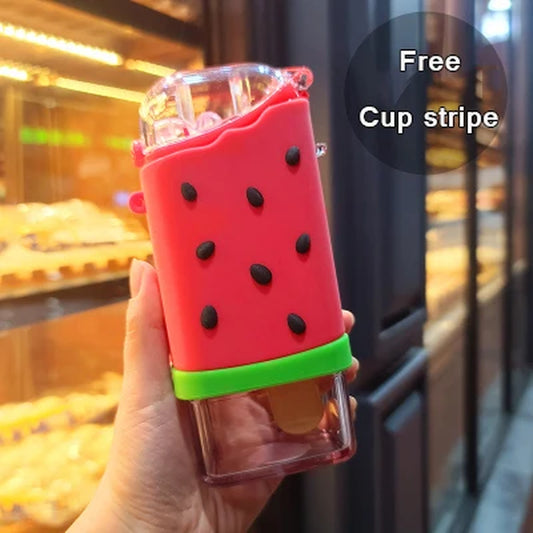 Cute Ice Cream Plastic Water Bottle with Straw Strap Popsicle Water Bottle Watermelon Kettle Leakproof Tritan Bottle BPA Free