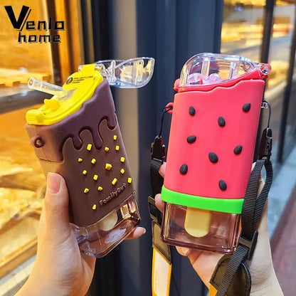 Cute Ice Cream Plastic Water Bottle with Straw Strap Popsicle Water Bottle Watermelon Kettle Leakproof Tritan Bottle BPA Free