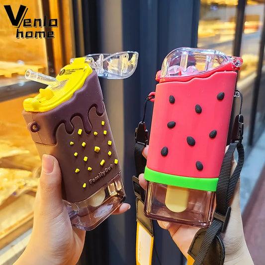 Cute Ice Cream Plastic Water Bottle with Straw Strap Popsicle Water Bottle Watermelon Kettle Leakproof Tritan Bottle BPA Free