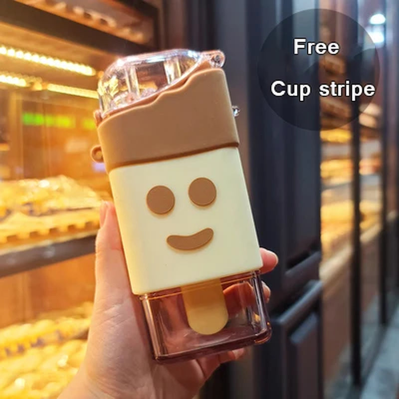 Cute Ice Cream Plastic Water Bottle with Straw Strap Popsicle Water Bottle Watermelon Kettle Leakproof Tritan Bottle BPA Free