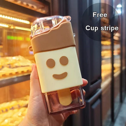 Cute Ice Cream Plastic Water Bottle with Straw Strap Popsicle Water Bottle Watermelon Kettle Leakproof Tritan Bottle BPA Free