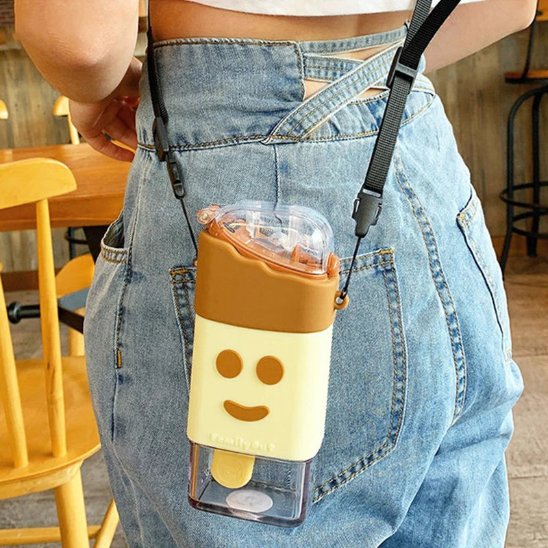 Cute Ice Cream Plastic Water Bottle with Straw Strap Popsicle Water Bottle Watermelon Kettle Leakproof Tritan Bottle BPA Free
