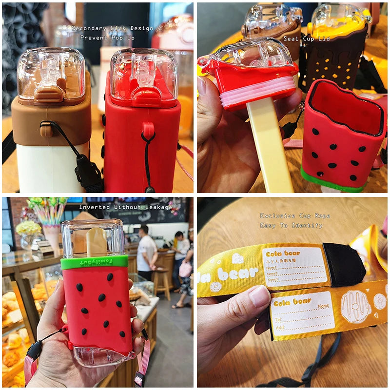 Cute Ice Cream Plastic Water Bottle with Straw Strap Popsicle Water Bottle Watermelon Kettle Leakproof Tritan Bottle BPA Free
