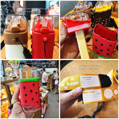 Cute Ice Cream Plastic Water Bottle with Straw Strap Popsicle Water Bottle Watermelon Kettle Leakproof Tritan Bottle BPA Free